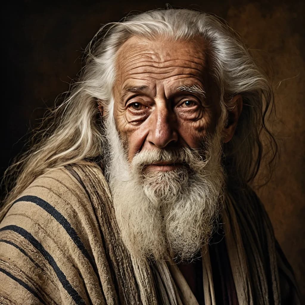 Retrato ilustrado de Moisés, homem idoso de barba branca e manto listrado.
